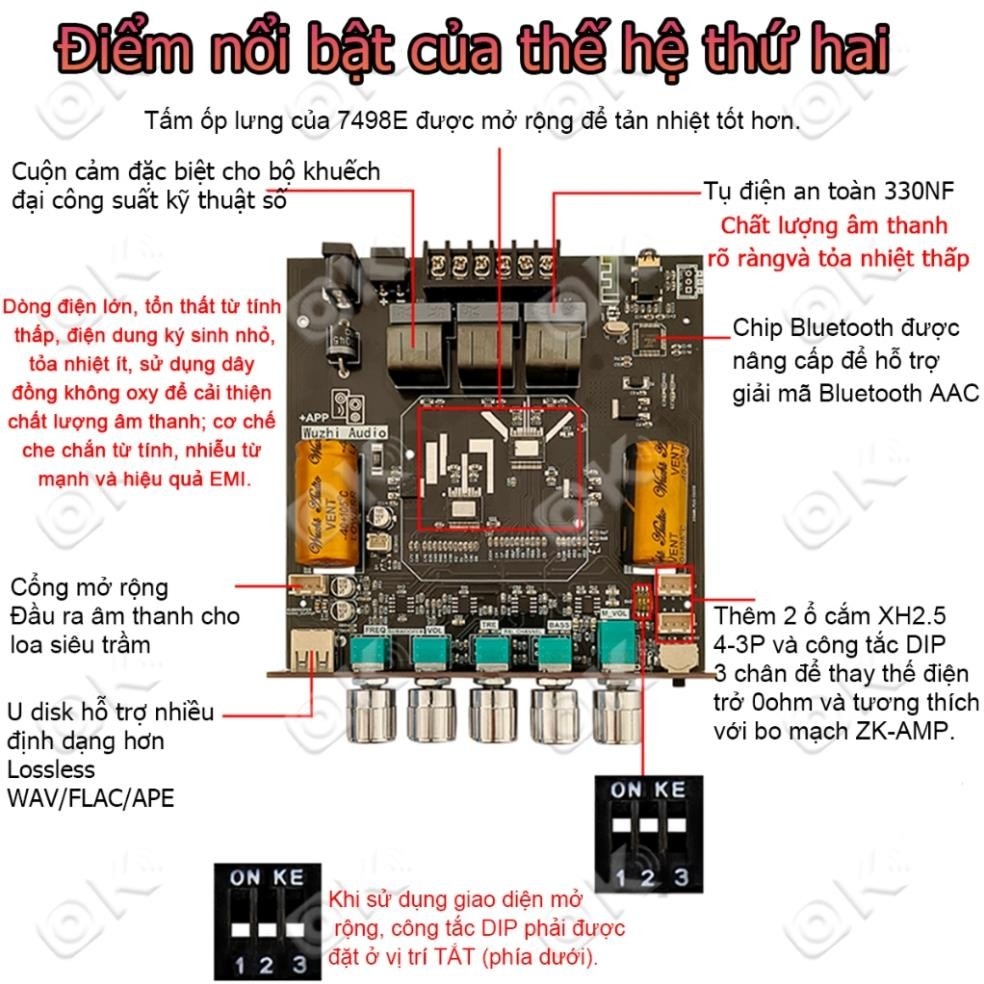 Okdiy  Mạch loa 2.1 ZK-HT21 Mô-đun bộ khuếch đại công mạch khuếch đại âm thanh 160W*2+220W bluetooth 2.1 Kênh TDA7498E