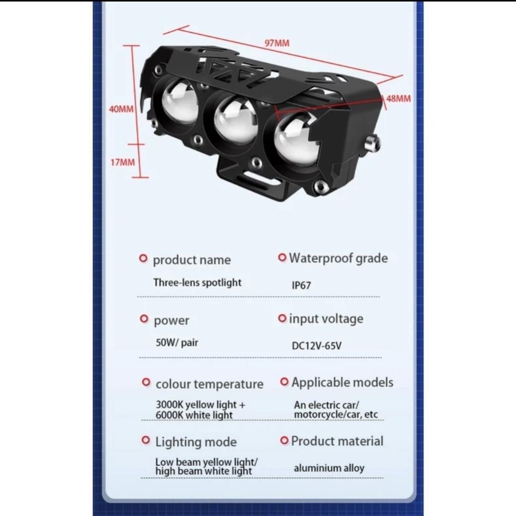 Đèn LED trợ sáng 3 mắt bi cầu mẫu mới chất lượng cao, pha trắng cos vàng chung điện áp 12/24v cho ô tô - xe máy - xe tải