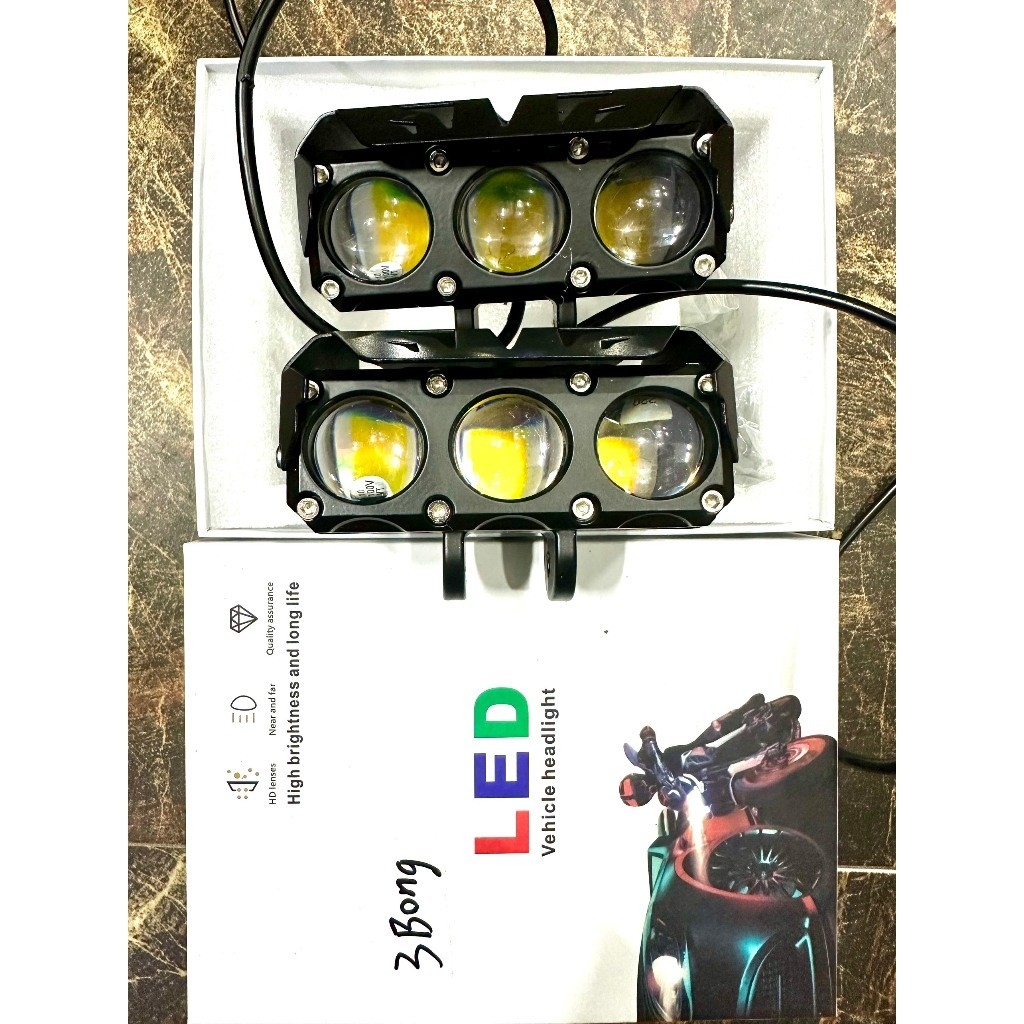 Đèn LED trợ sáng 3 mắt bi cầu mẫu mới chất lượng cao, pha trắng cos vàng chung điện áp 12/24v cho ô tô - xe máy - xe tải