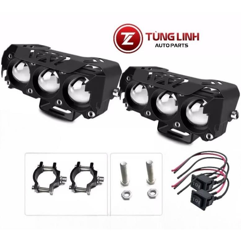 Đèn LED trợ sáng 3 mắt bi cầu mẫu mới chất lượng cao, pha trắng cos vàng chung điện áp 12/24v cho ô tô - xe máy - xe tải