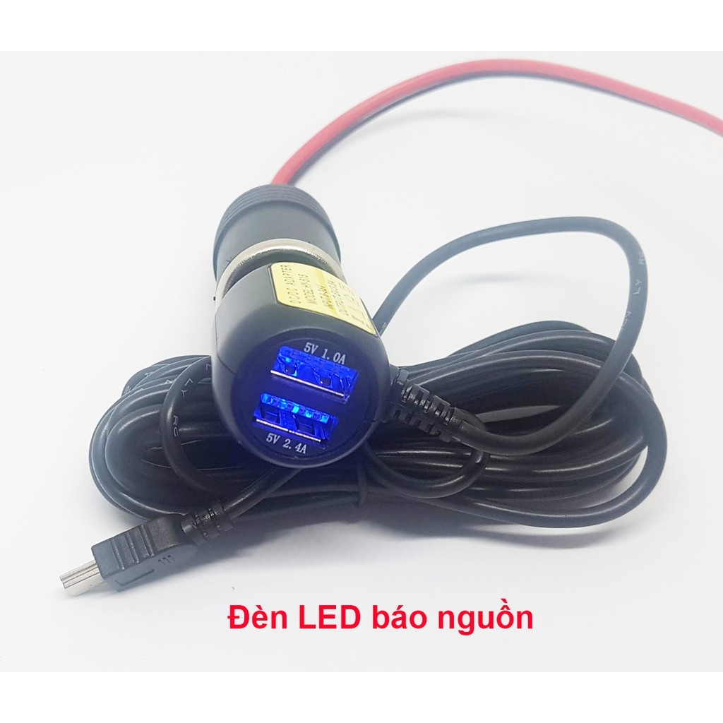 Tẩu cấp nguồn cho camera hành trình 12V 24V 36V, dài 3.5m, chân cắm dẹt, chân cắm vuông, 2 cổng USB sạc điện thoại