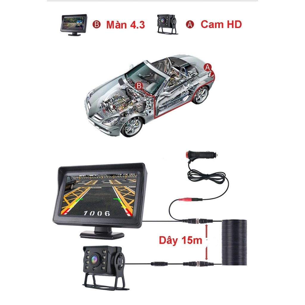 Bộ camera lùi xe tải 8 led và màn taplo 4.3 inch cho xe tải chân cắm tẩu