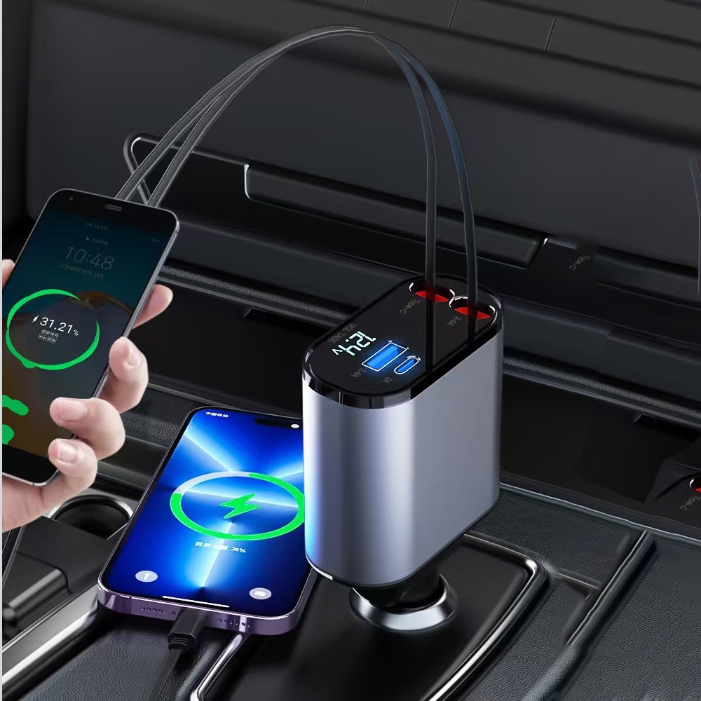 Tẩu sạc ô tô siêu nhanh, dây rút gọn có đồng hồ led hiển thị nguồn điện