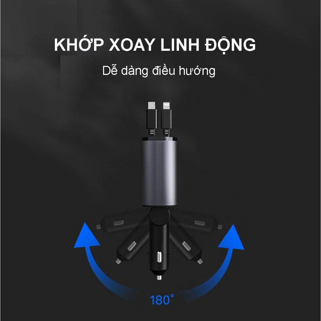 Tẩu sạc ô tô siêu nhanh, dây rút gọn có đồng hồ led hiển thị nguồn điện