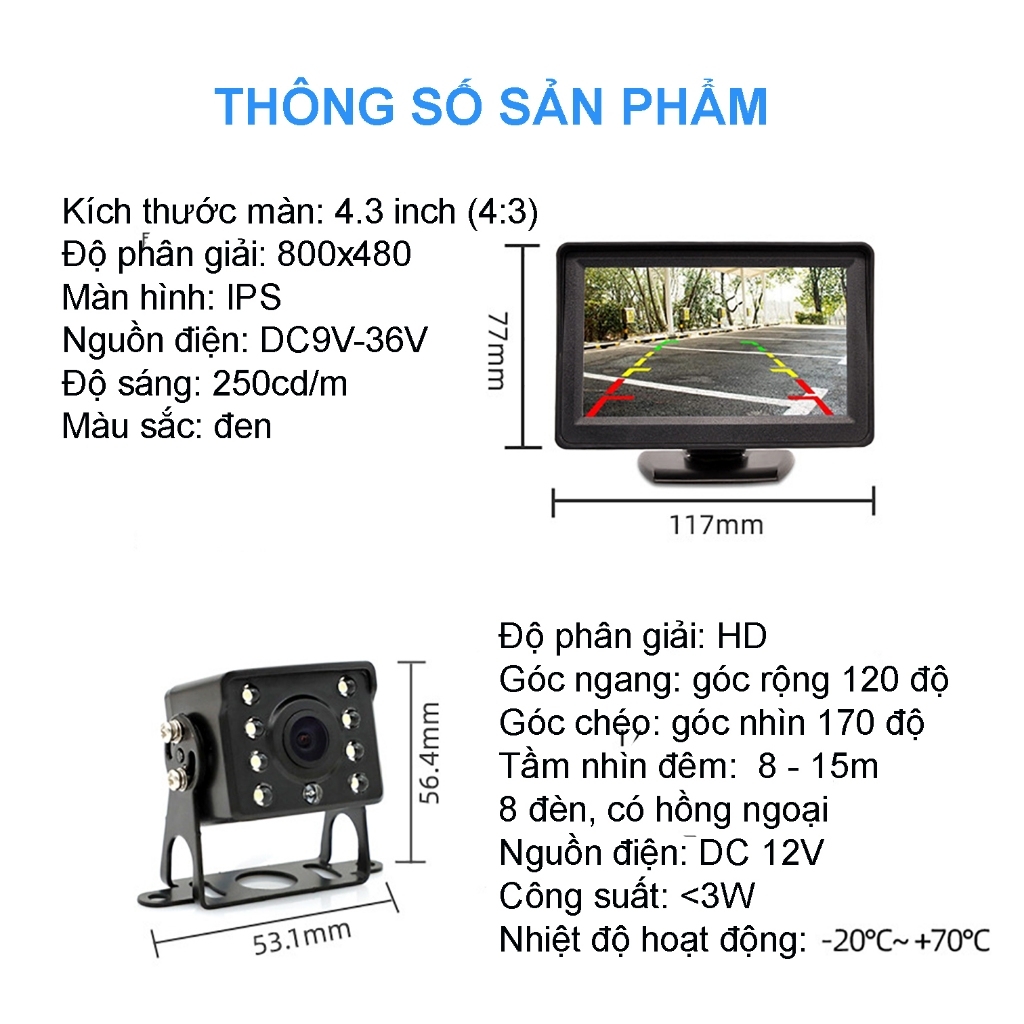 Bộ màn 4.3 inch đặt taplo, camera lùi xe tải 12-24V lắp cho xe công trình , ô tô, máy xúc, cẩu nguồn cắm tẩu