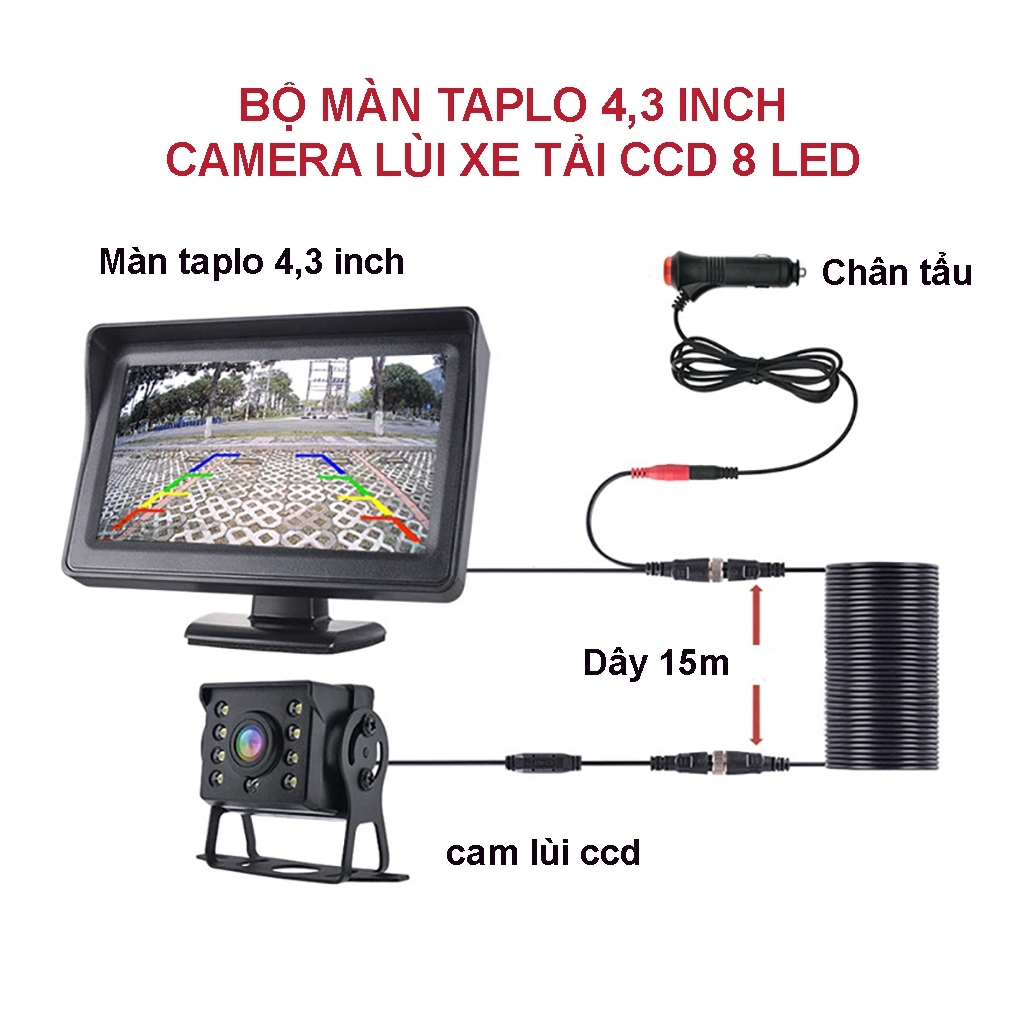 Bộ màn 4.3 inch đặt taplo, camera lùi xe tải 12-24V lắp cho xe công trình , ô tô, máy xúc, cẩu nguồn cắm tẩu