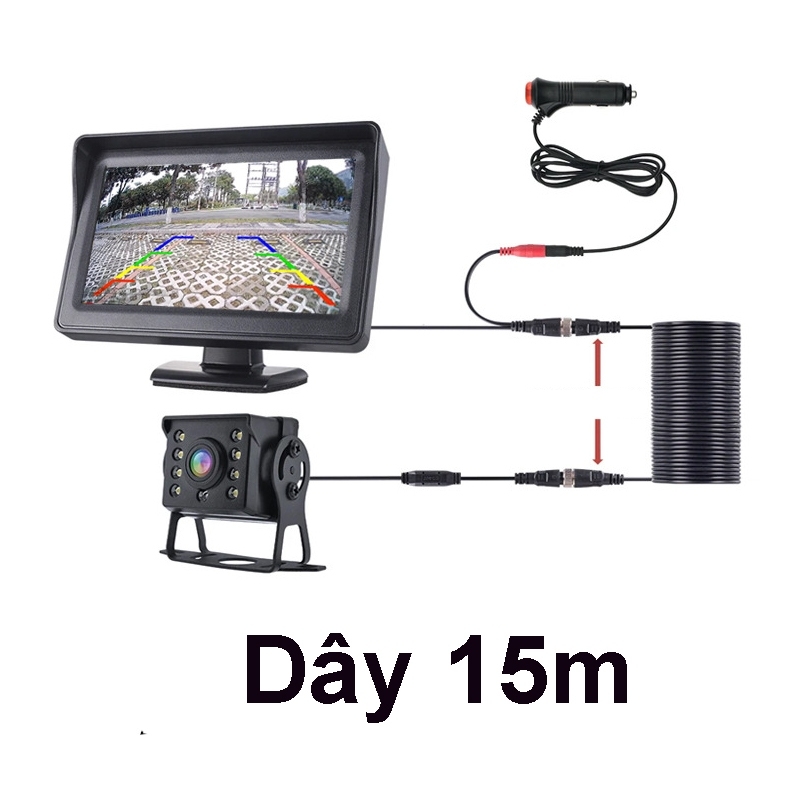 Bộ màn 4.3 inch đặt taplo, camera lùi xe tải 12-24V lắp cho xe công trình , ô tô, máy xúc, cẩu nguồn cắm tẩu