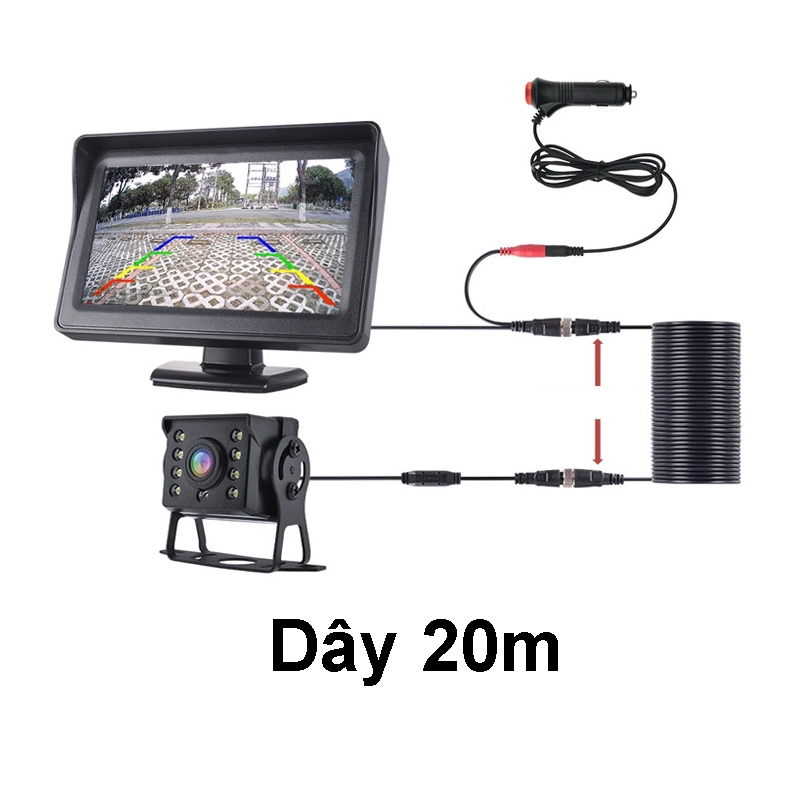 Bộ màn 4.3 inch đặt taplo, camera lùi xe tải 12-24V lắp cho xe công trình , ô tô, máy xúc, cẩu nguồn cắm tẩu