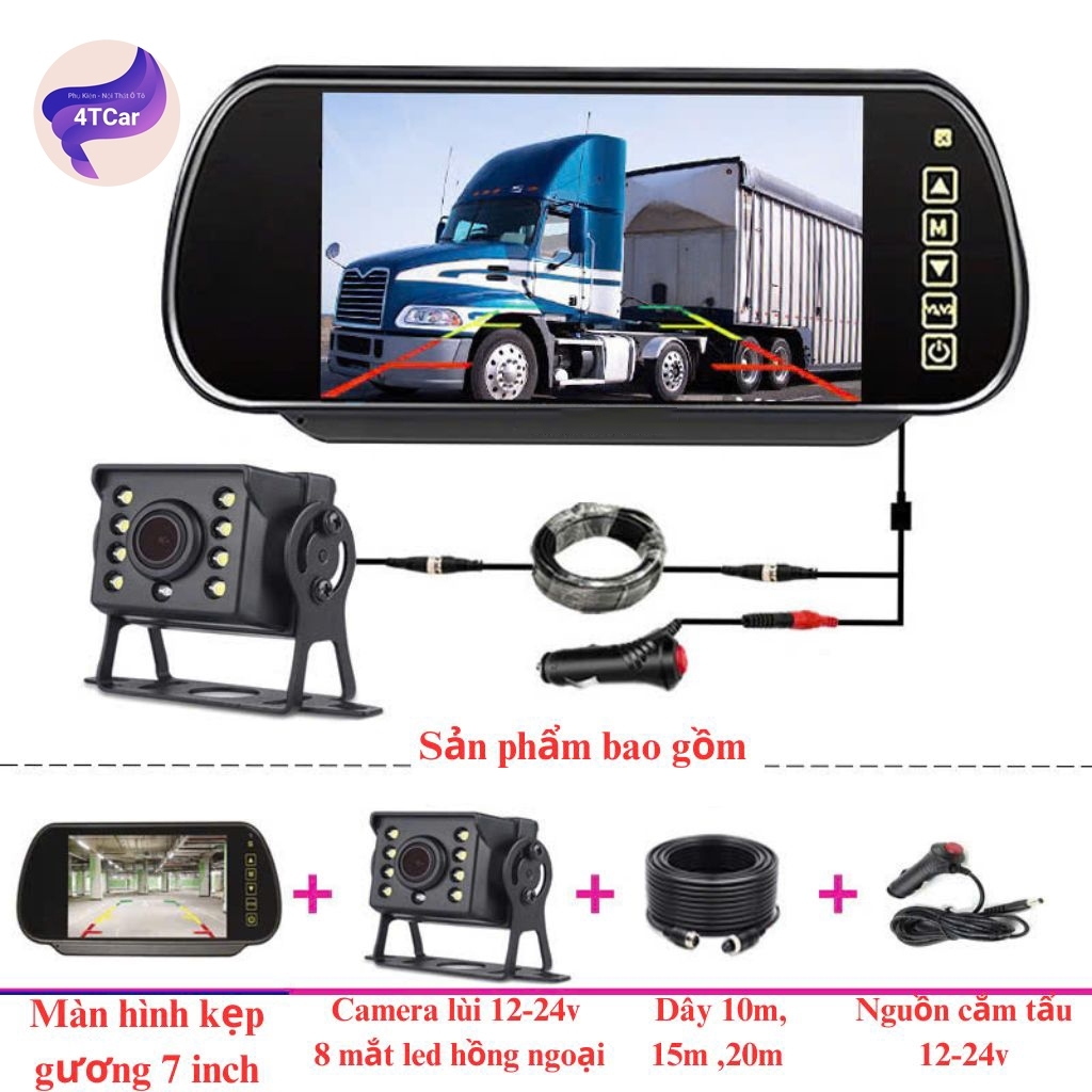 Bộ màn 7 inch kẹp gương, camera lùi xe tải 12-24V, dây 15m lắp cho xe công trình , ô tô, máy xúc, MCXT03 nguồn cắm tẩu