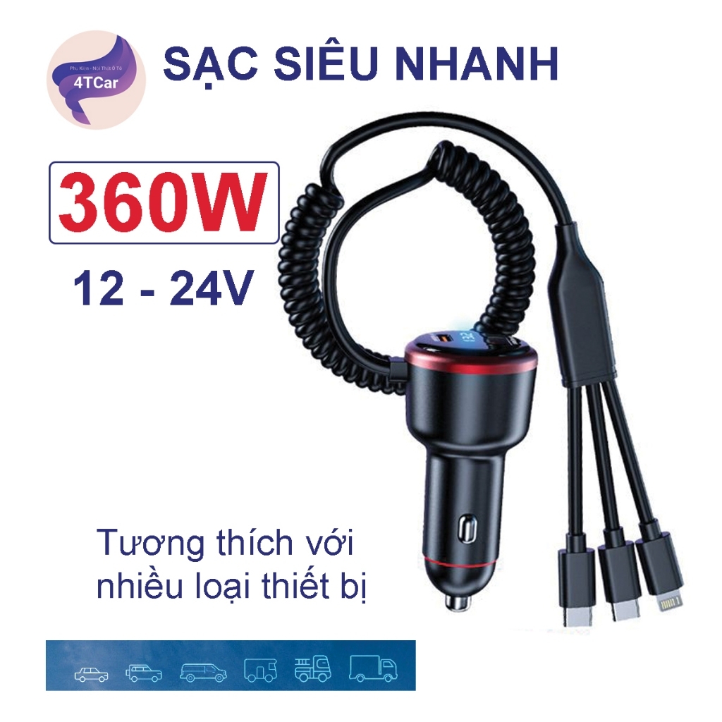 Tẩu sạc nhanh ô tô 360W , sạc siêu nhanh cắm tẩu âm nguồn 2 cổng USB và TYPE C phù hợp tất cả ô tô hàng chính hãng