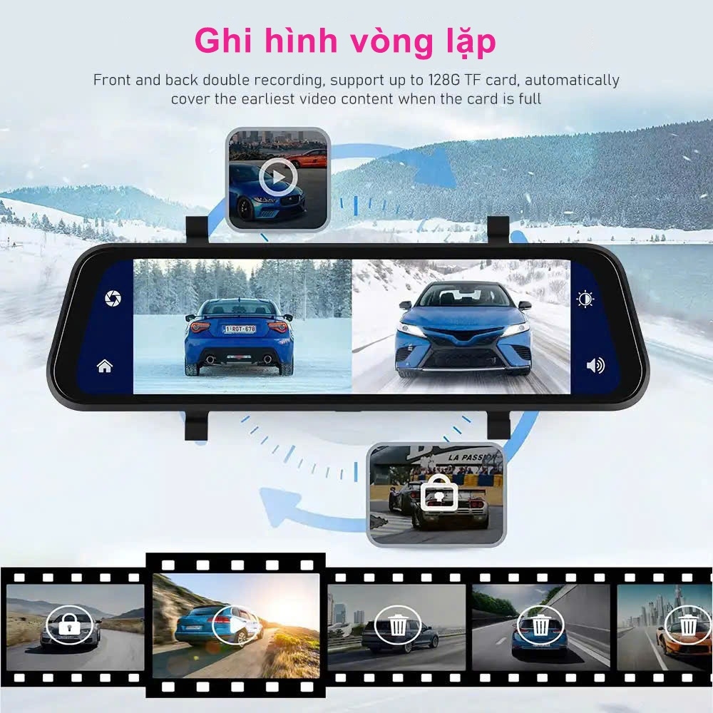 Camera hành trình kẹp gương chiếu hậu 2K màn hình lớn kèm camera lùi, kết nối điện thoại