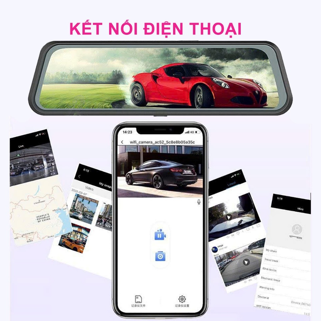 Camera hành trình kẹp gương chiếu hậu 2K màn hình lớn kèm camera lùi, kết nối điện thoại