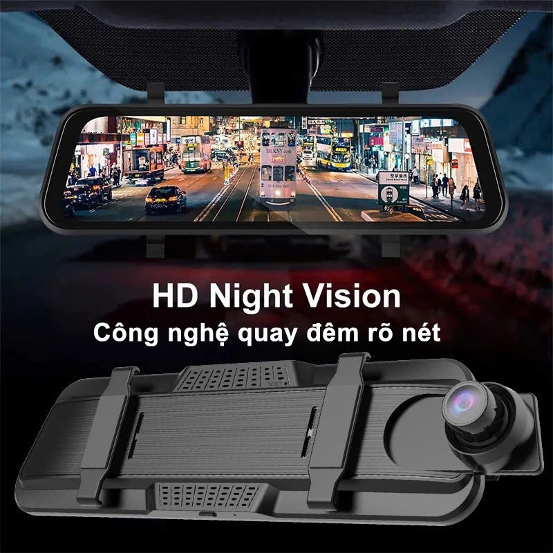 Camera hành trình kẹp gương chiếu hậu 2K màn hình lớn kèm camera lùi, kết nối điện thoại