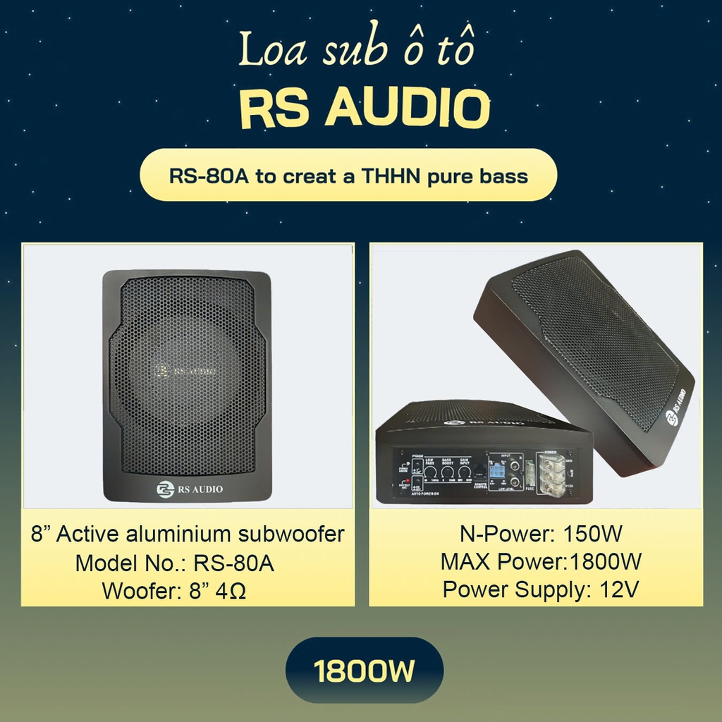 Loa Sub Ô Tô RS AUDIO RS-80A – Âm Trầm Mạnh Mẽ, Gọn Gàng và Dễ Lắp Đặt