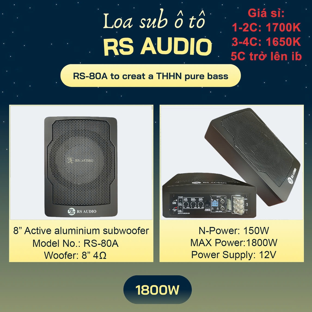 Loa Sub Ô Tô RS AUDIO RS-80A – Âm Trầm Mạnh Mẽ, Gọn Gàng và Dễ Lắp Đặt