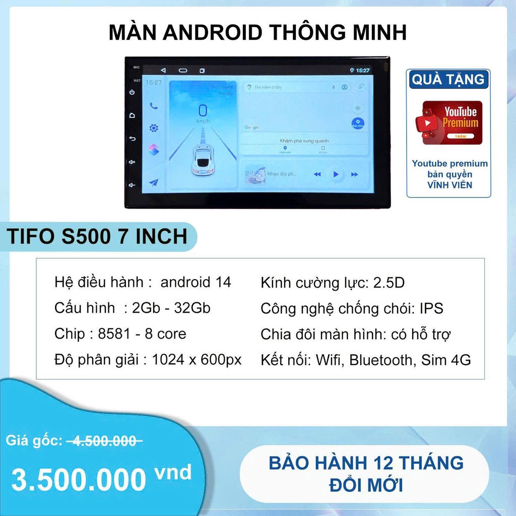Màn Hình Android TIFO S500 7 Inch – Chip 8 Nhân, Android 14, Tặng Youtube Premium