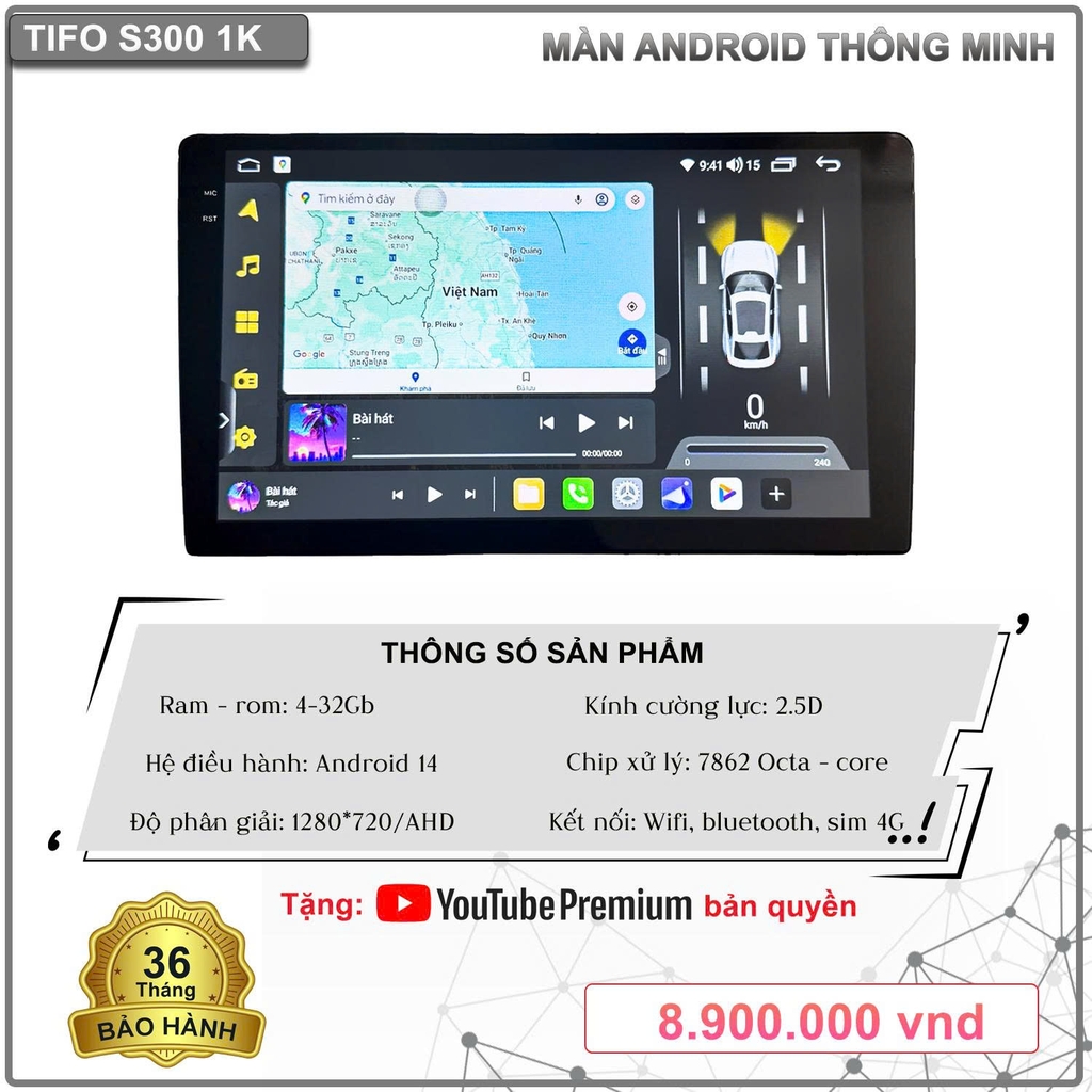 Màn hình Android TIFO S300 1K - Giải pháp giải trí thông minh cho ô tô