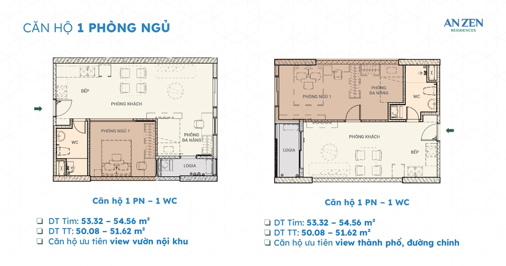 Mặt bằng căn hộ 1 phòng ngủ An Zen Residences – giải pháp an cư cho người trẻ
