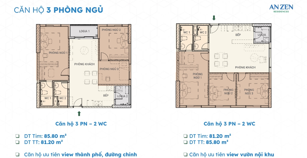 Mặt bằng căn hộ 3 phòng ngủ An Zen Residences