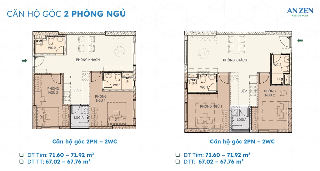 Mặt bằng căn hộ 2 phòng ngủ góc An Zen Residences