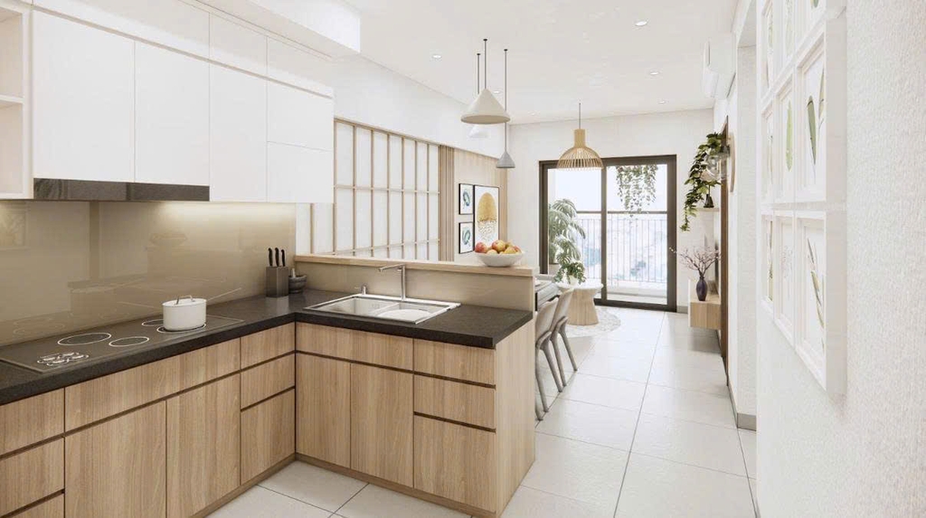 Thiết kế bếp căn hộ An Zen Residences liên thông với phòng khách thoáng sáng