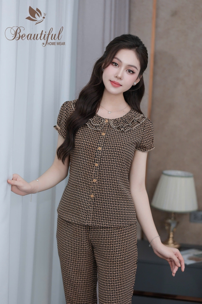 Y928A Lụa Mango quần dài NÂU đan cổ bèo