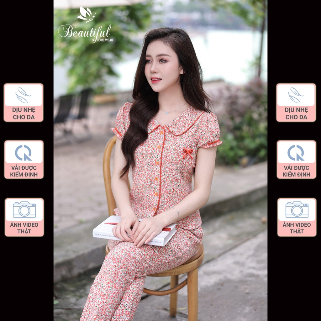 Y657E Lụa Mango tay cộc CAM hoa nhí cổ sen quần dài