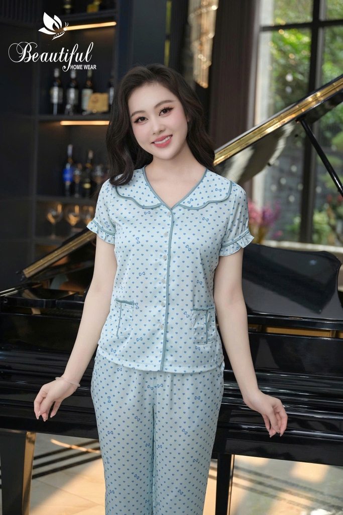 Y907D Lụa Satin quần dài XANH chấm tim cổ V lượn