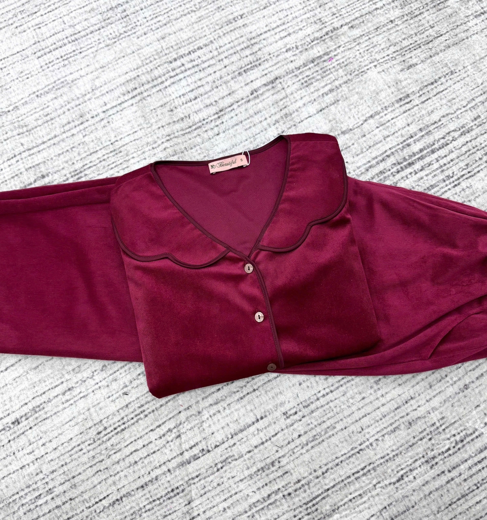 Y840F Nhung tuyết tay lỡ ĐỎ trơn cổ sóng