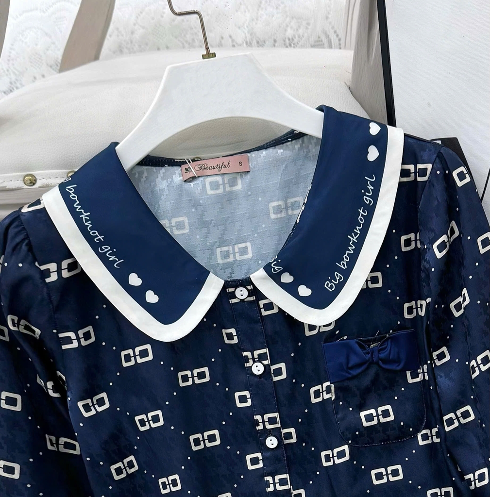 Y859B Lụa Gấm tay dài XANH THAN chữ G cổ bèo vòng sau