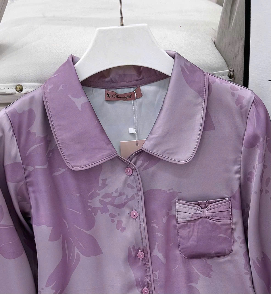 Y839C Lụa Satin tay dài TÍM Loang cổ vòng