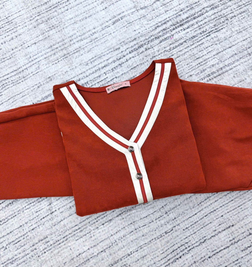 Y845A Nhung Nhật tay dài CAM ĐẬM cổ tim viền