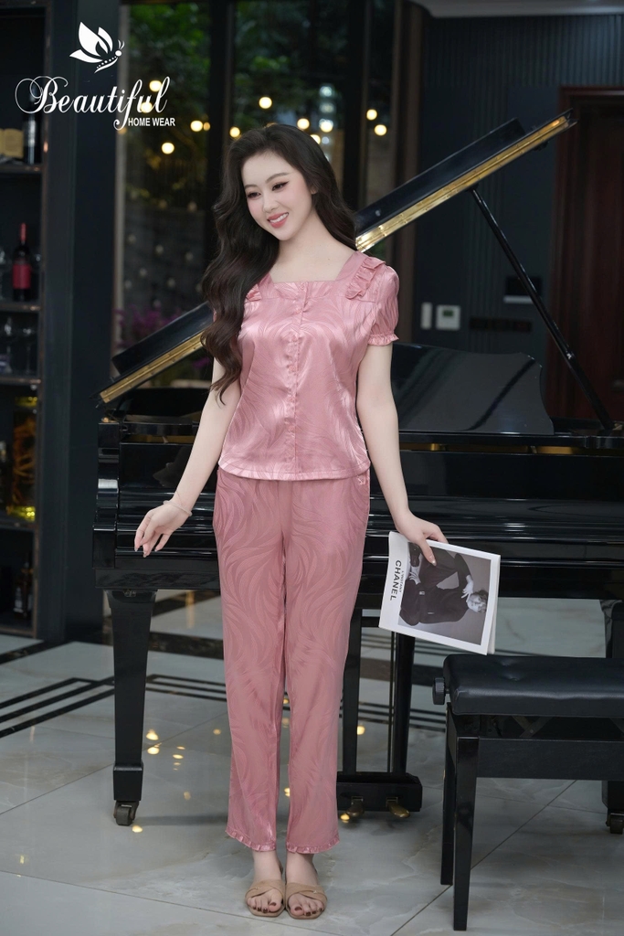 Y920C Lụa Gấm quần dài HỒNG vân lá nơ cổ vuông