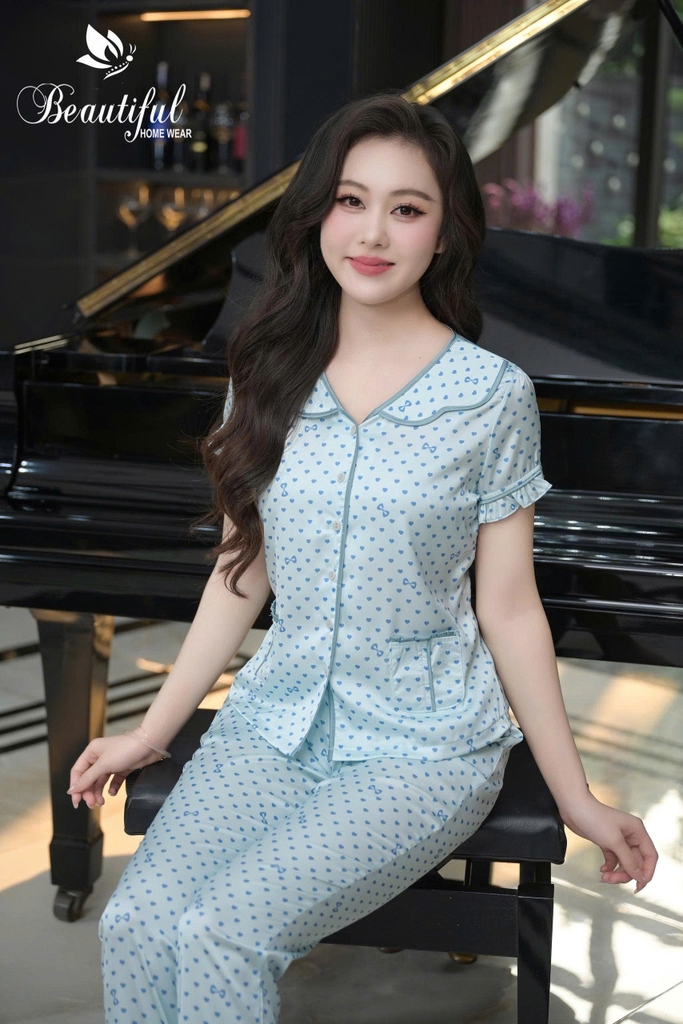 Y907D Lụa Satin quần dài XANH chấm tim cổ V lượn