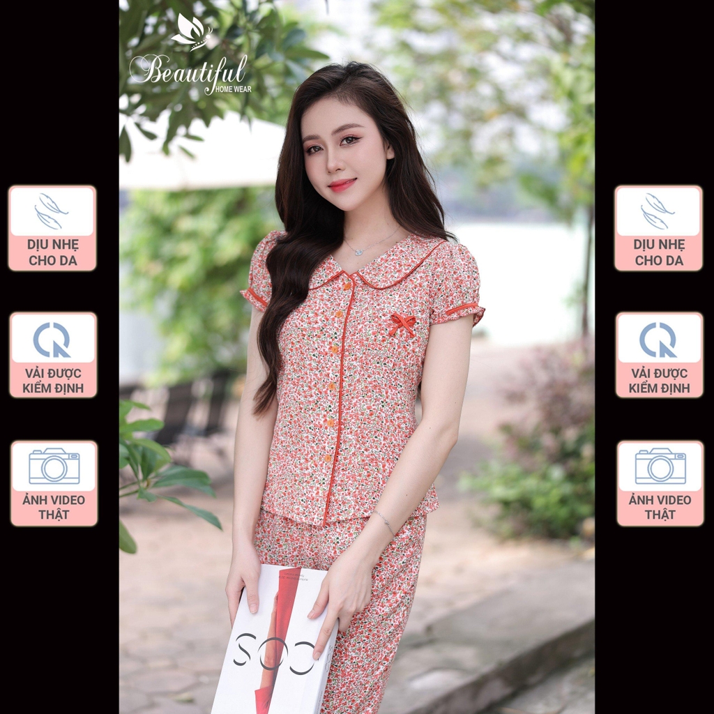 Y657E Lụa Mango tay cộc CAM hoa nhí cổ sen quần dài