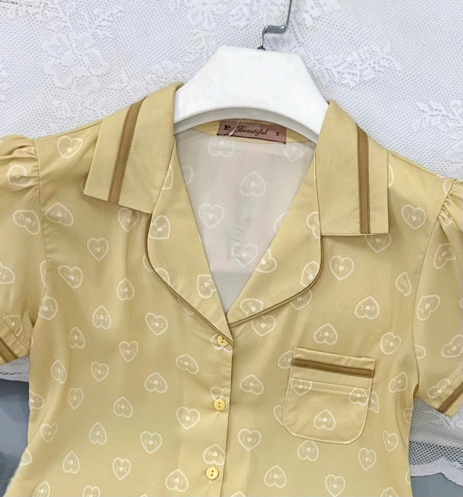 Y911A Lụa Mango quần dài VÀNG tim cổ PJM tay cộc
