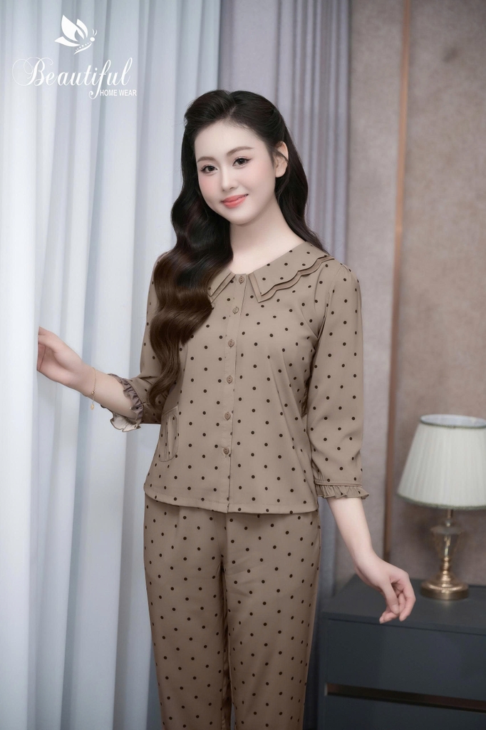 Y801A Lụa Mango tay lỡ NÂU chấm bi cổ sóng 2 lớp