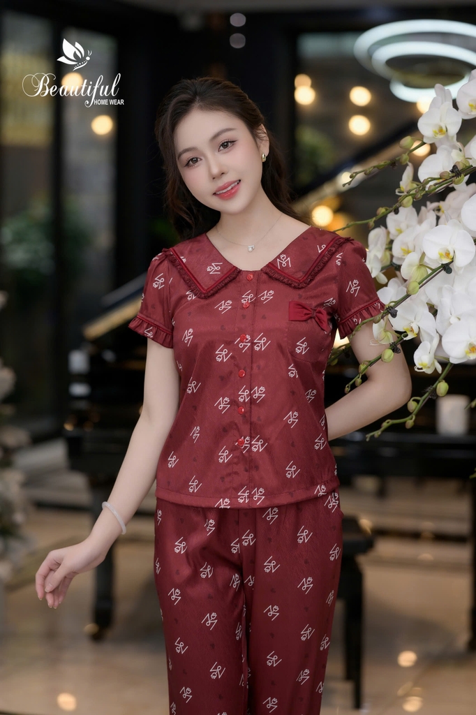 Y659B Lụa Vân quần dài ĐỎ chữ M cổ nẹp viền bèo