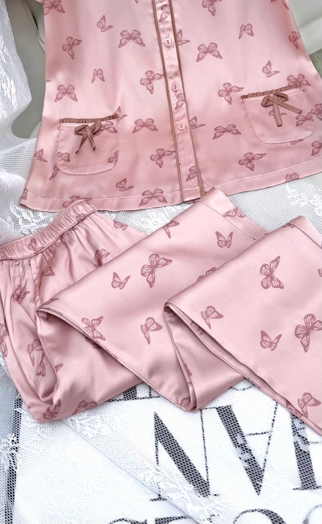 Y663B Lụa satin tay cộc HỒNG hồ điệp cổ 2 lớp