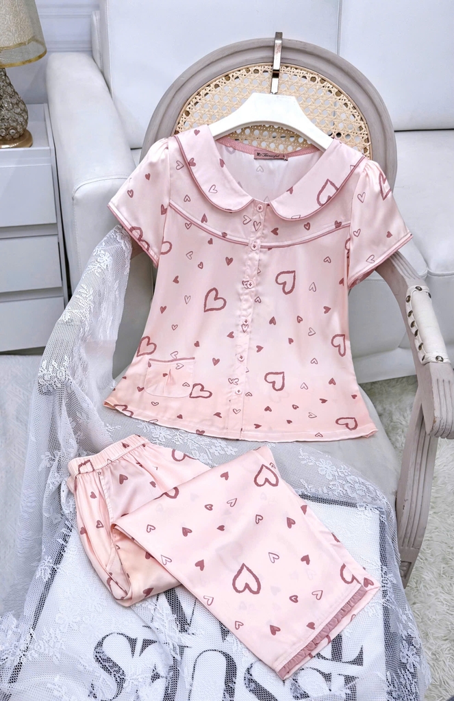 Y669B Lụa Satin quần lửng HỒNG CAM trái tim cổ sen