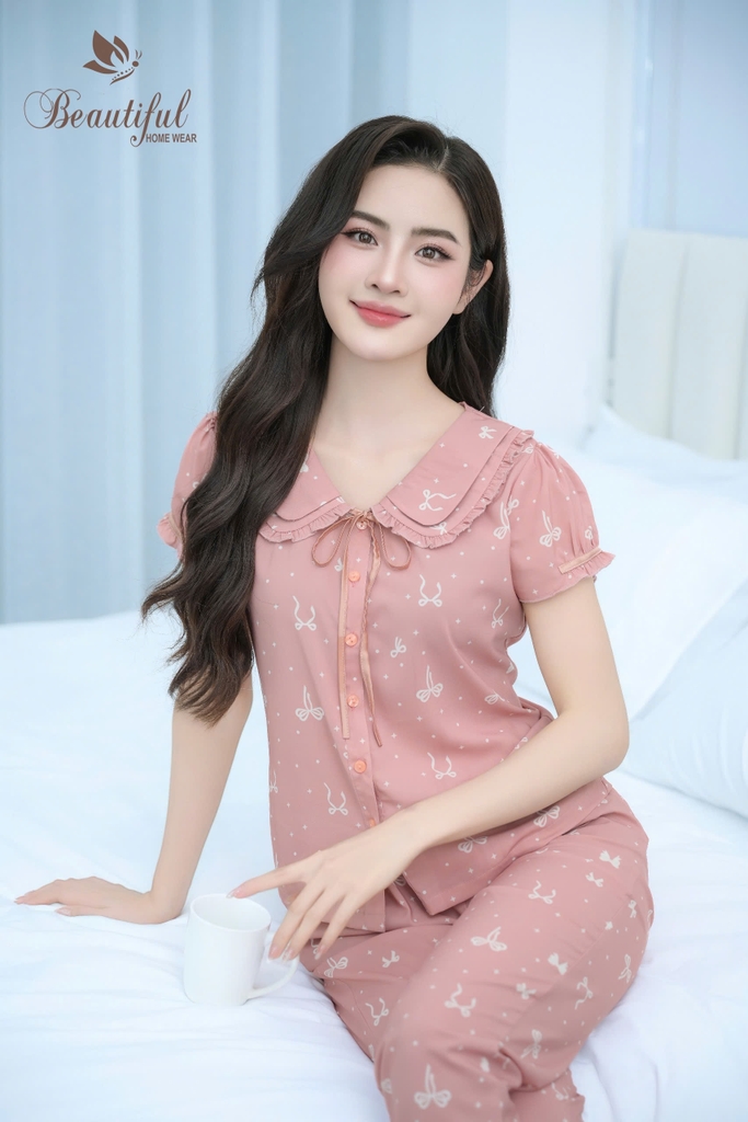 Y674B Lụa Mango quần dài CAM nơ cổ dây buộc