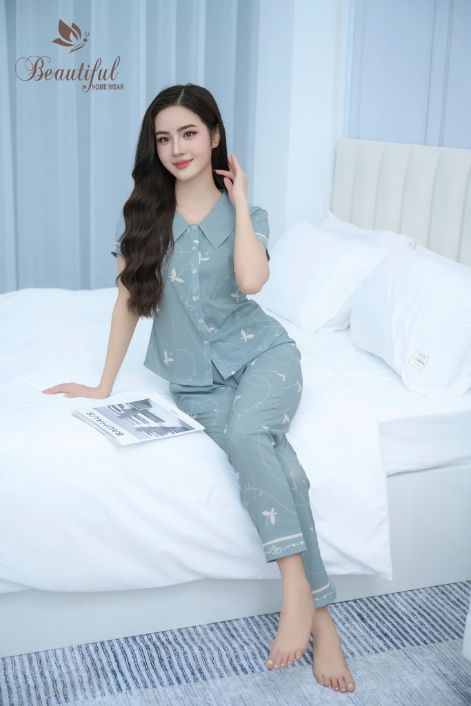 Y676B Lụa Mango quần dài XANH cổ vòng hình 4 lá