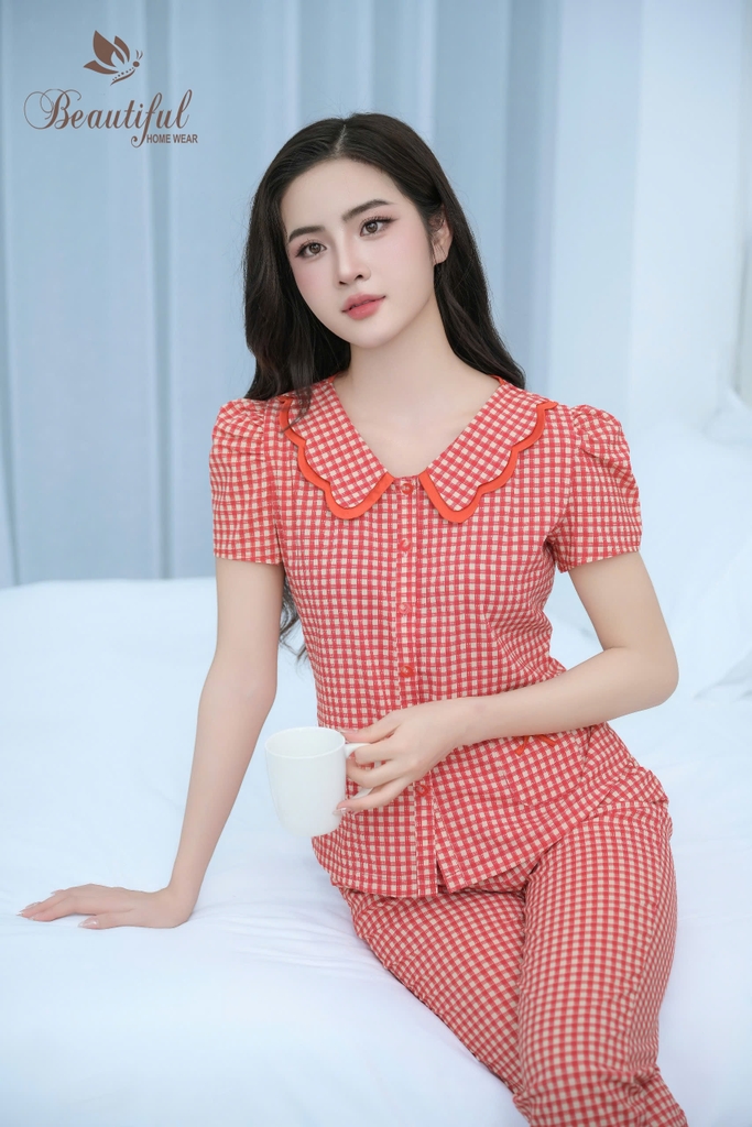 Y685A Lụa Mango tay cộc ĐỎ kẻ caro cổ 2 tầng
