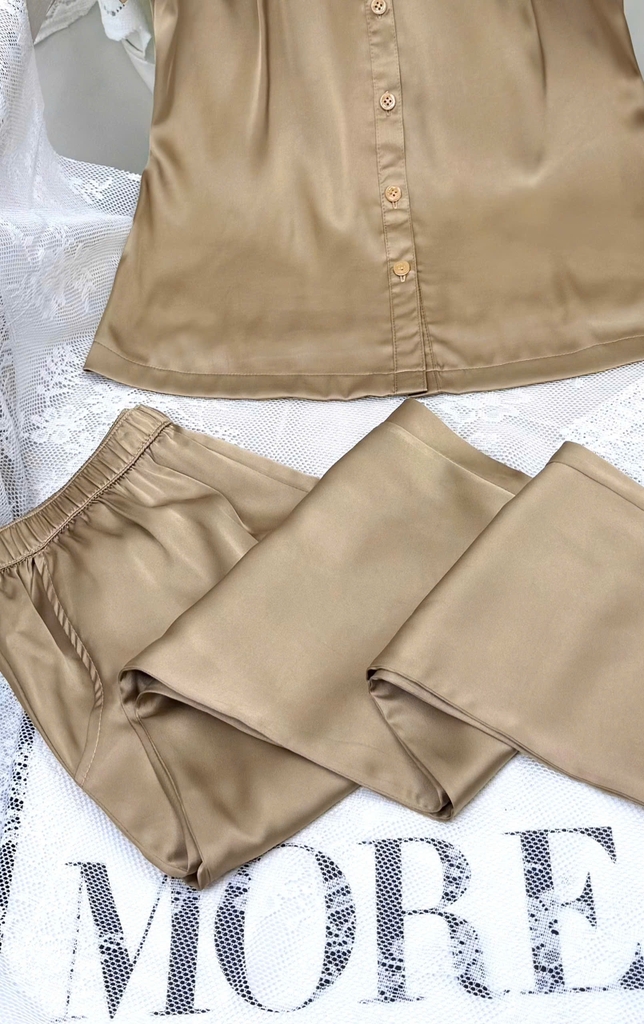 Y686B Lụa satin quần dài NÂU trơn cổ 2 tầng