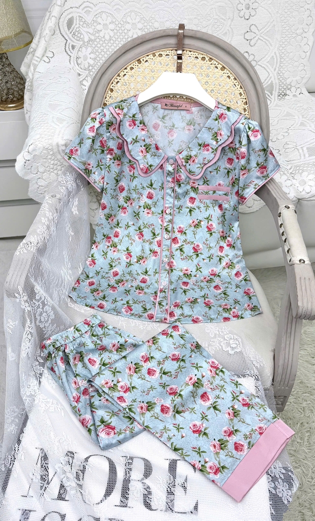 Y679D Lụa satin quần lỡ XANH hoa hồng cổ 2 tầng