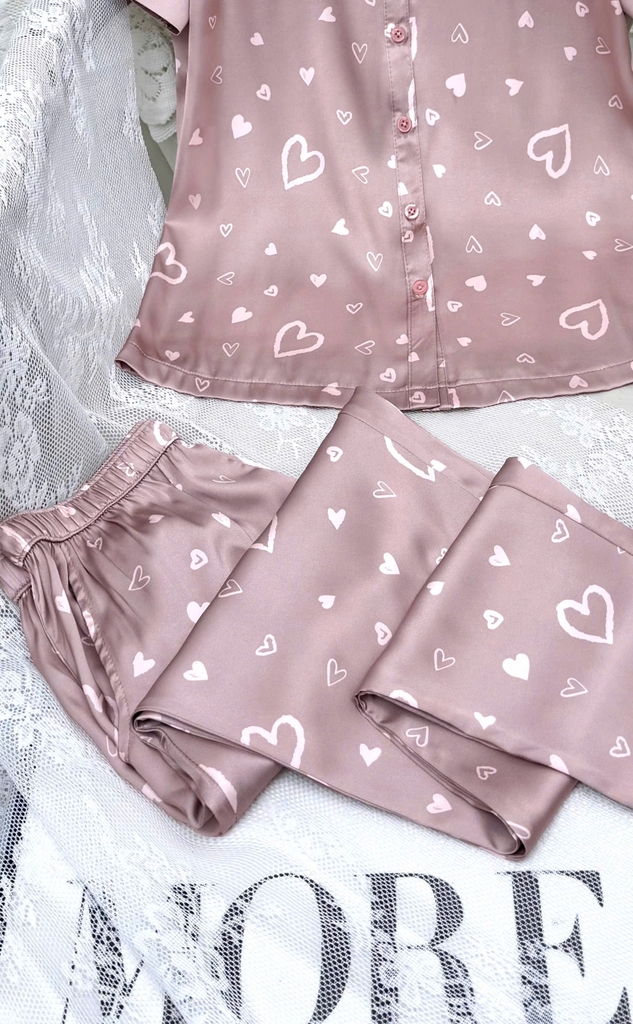 Y689A Lụa satin quần dài HỒNG trái tim cổ W vòng sau