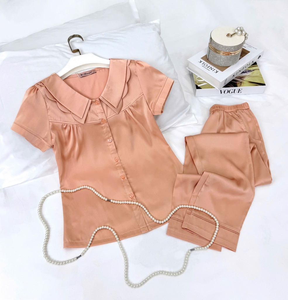 Y686C Lụa satin quần dài CAM trơn cổ 2 tầng