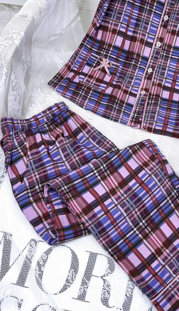 Y679E Lụa Mango quần lỡ TÍM kẻ nâu cổ 2 tầng