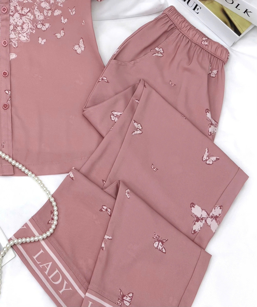 Y705A Lụa Mango tay cộc quần dài HỒNG lady cổ vòng