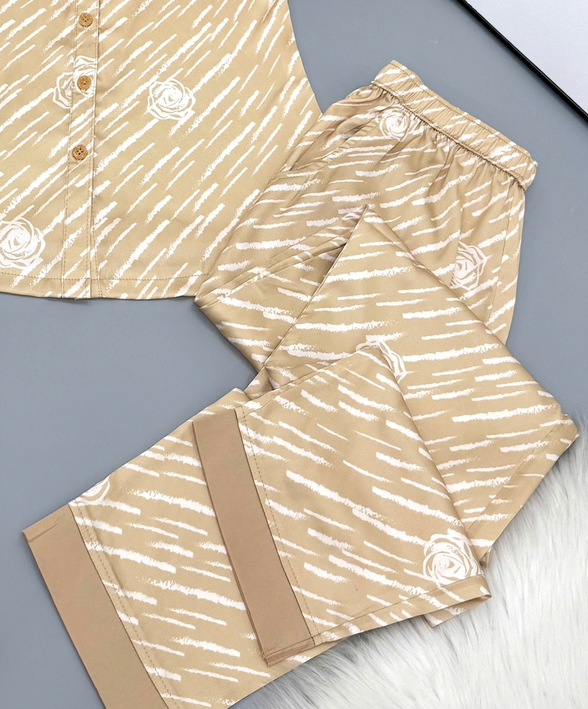 Y736B Lụa Satin quần dài VÀNG sọc cổ sen W